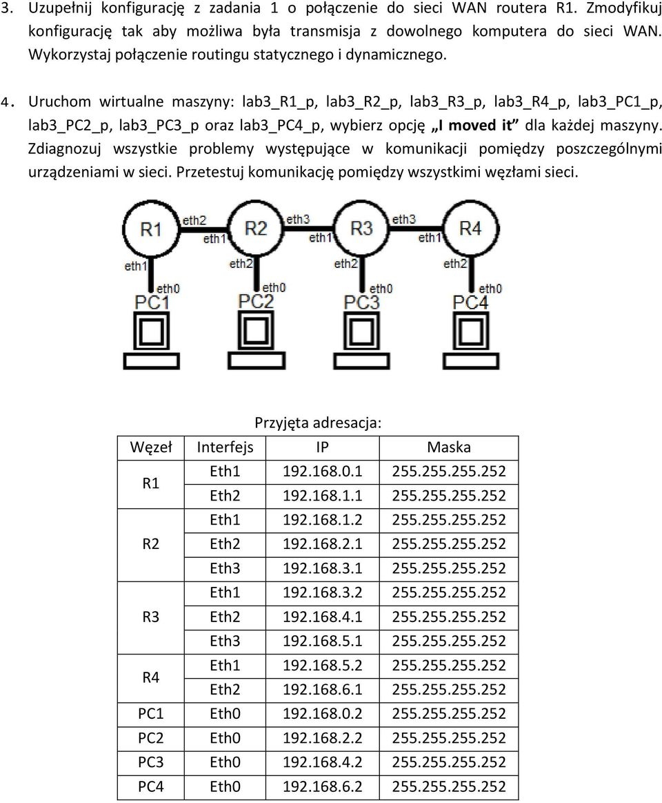 Uruchom wirtualne maszyny: lab3_r1_p, lab3_r2_p, lab3_r3_p, lab3_r4_p, lab3_pc1_p, lab3_pc2_p, lab3_pc3_p oraz lab3_pc4_p, wybierz opcję I moved it dla każdej maszyny.