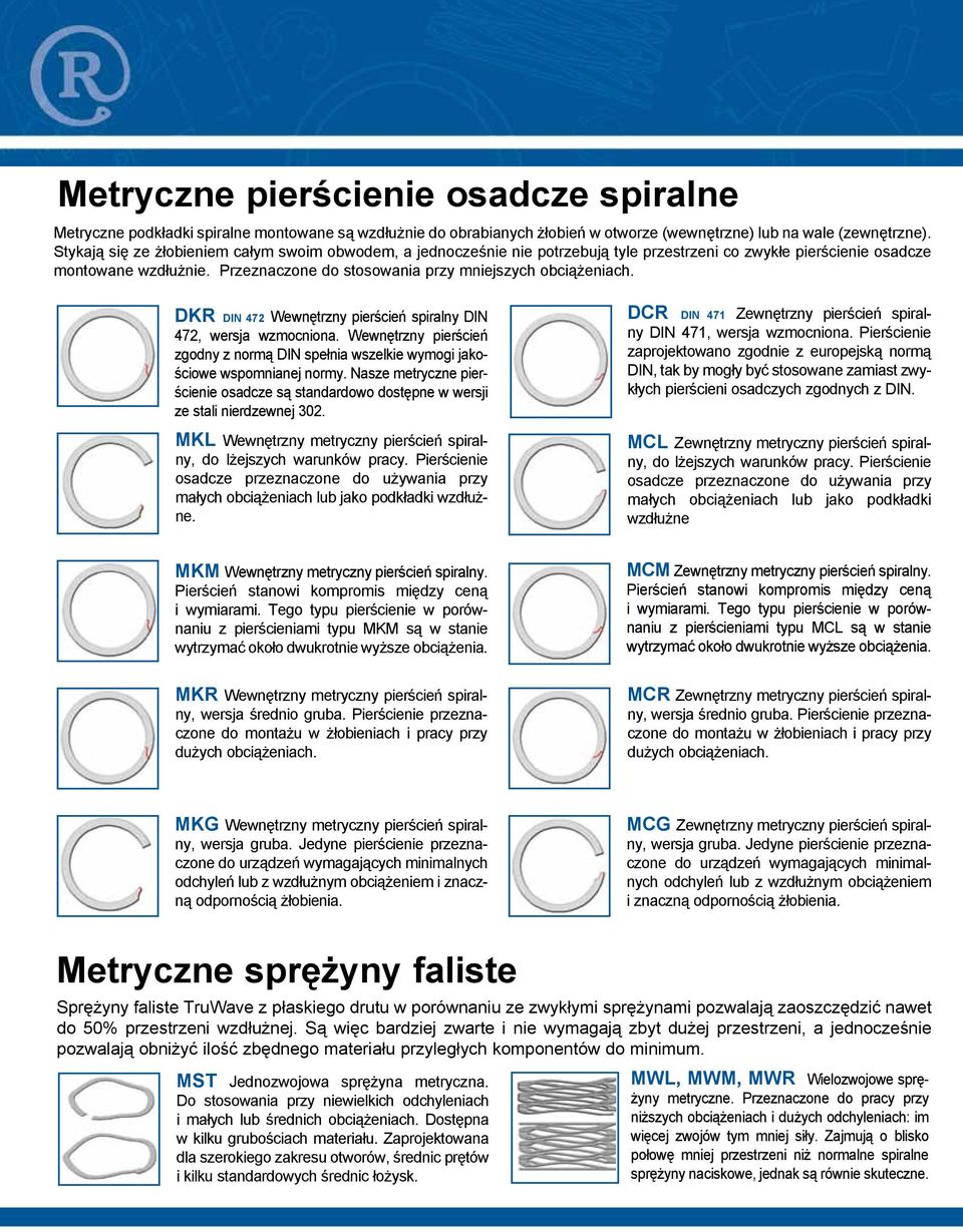 Przeznaczone do stosowania przy mniejszych obciążeniach. DKR DIN 472 Wewnętrzny pierścień spiralny DIN 472, wersja wzmocniona.