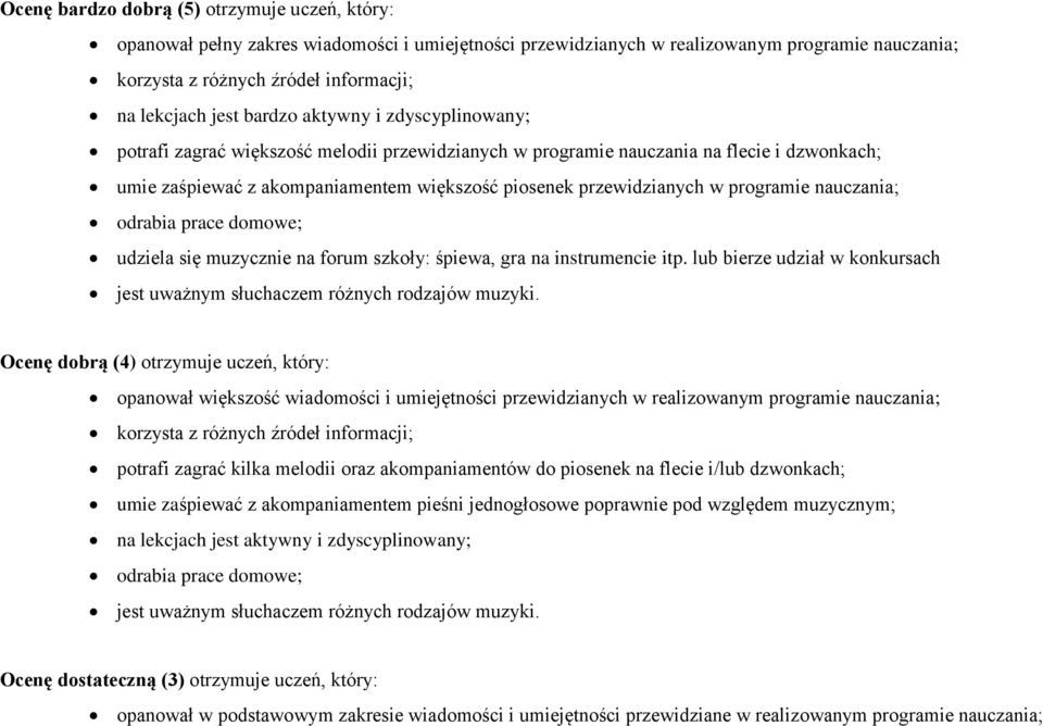 w programie nauczania; odrabia prace domowe; udziela się muzycznie na forum szkoły: śpiewa, gra na instrumencie itp. lub bierze udział w konkursach jest uważnym słuchaczem różnych rodzajów muzyki.