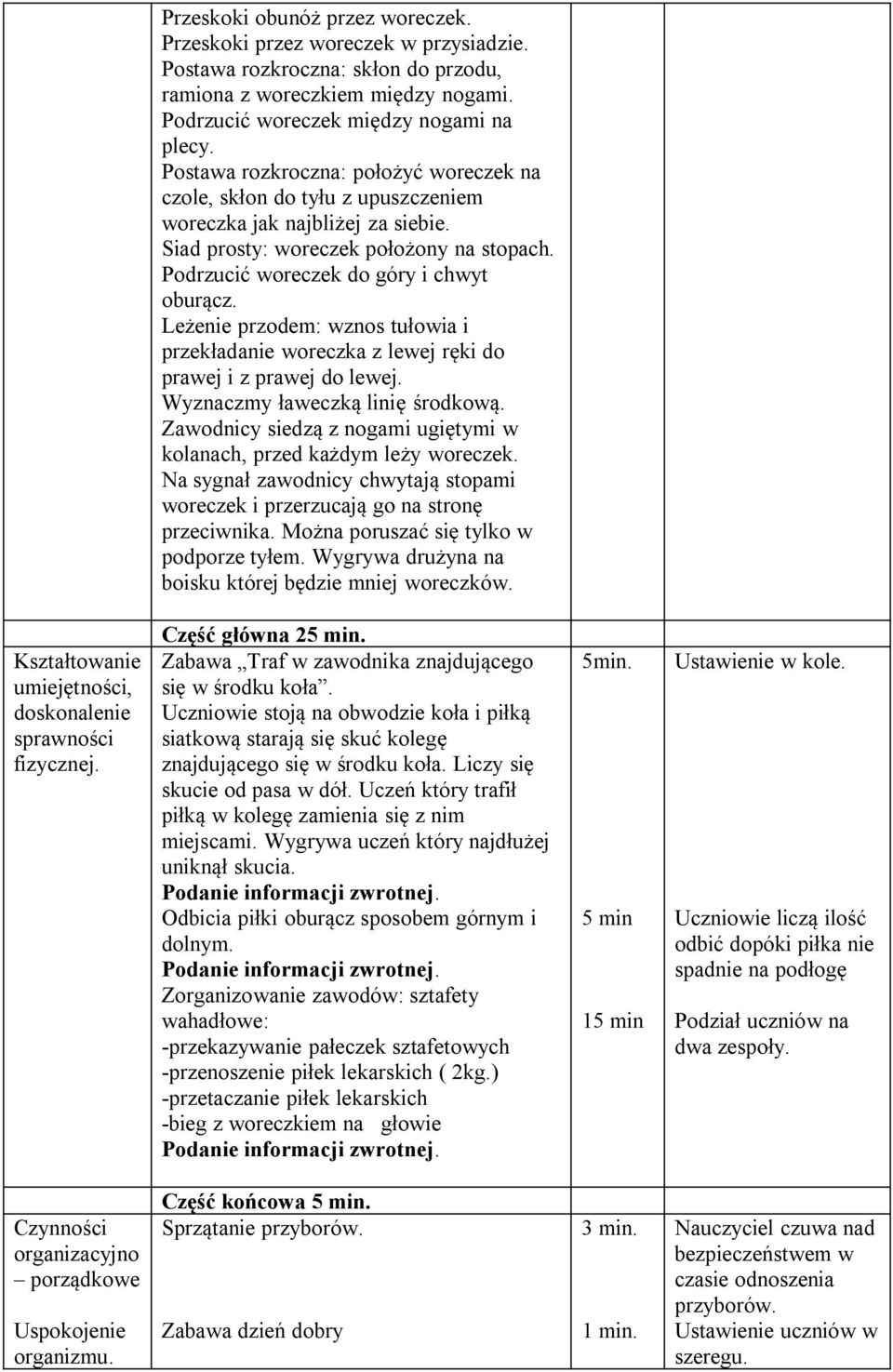 Leżenie przodem: wznos tułowia i przekładanie woreczka z lewej ręki do prawej i z prawej do lewej. Wyznaczmy ławeczką linię środkową.