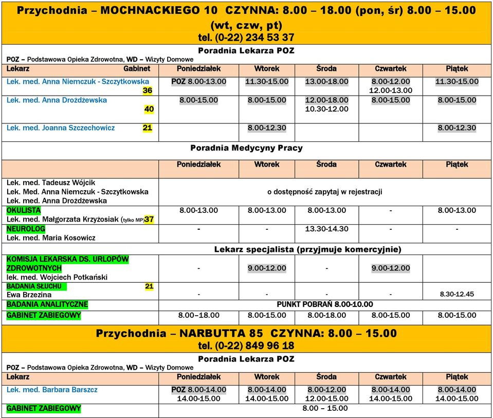 Med. Anna Niemczuk Szczytkowska Lek. med. Anna Drożdżewska OKULISTA 8.0013.00 8.0013.00 8.0013.00 8.0013.00 Lek. med. Małgorzata Krzyżosiak (tylko MP)37 NEUROLOG 13.3014.30 Lek. med. Maria Kosowicz KOMISJA LEKARSKA DS.