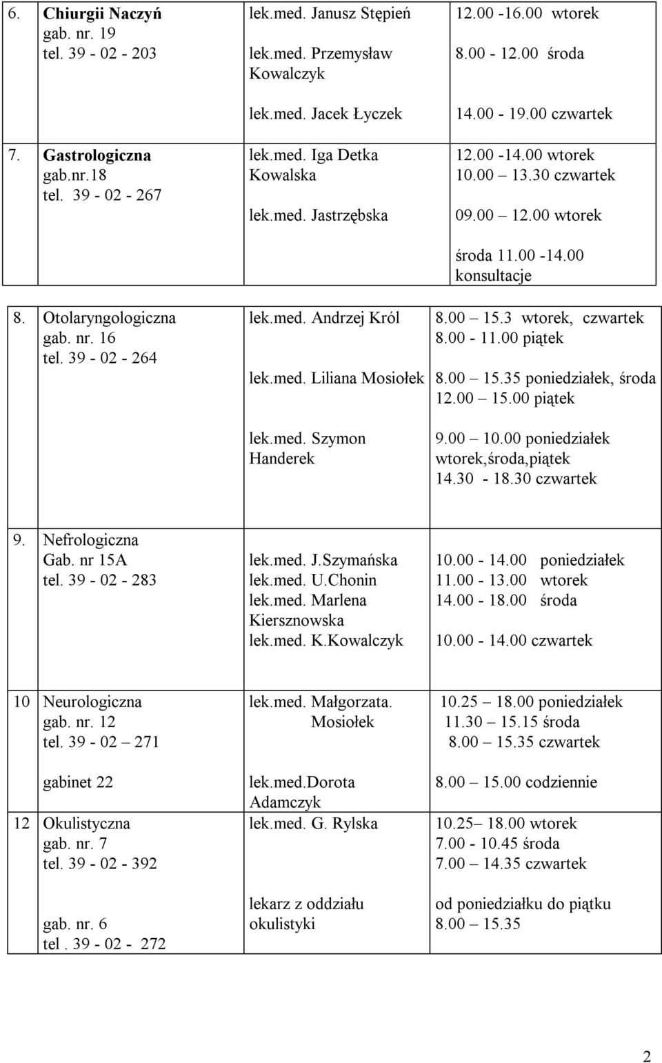 00-14.00 wtorek 10.00 13.30 czwartek 09.00 12.00 wtorek środa 11.00-14.00 konsultacje 8.00 15.3 wtorek, czwartek 8.00-11.00 piątek 8.00 15.35 poniedziałek, środa 12.00 15.00 piątek 9.00 10.