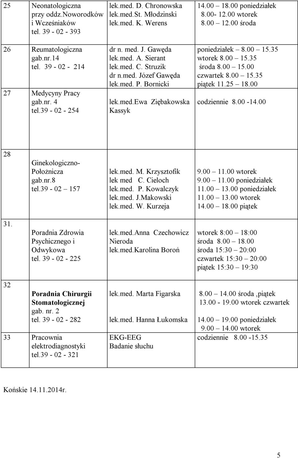 00 wtorek 8.00 12.00 środa poniedziałek 8.00 15.35 wtorek 8.00 15.35 środa 8.00 15.00 czwartek 8.00 15.35 piątek 11.25 18.00 codziennie 8.00-14.00 28 Ginekologiczno- Położnicza gab.nr.8 tel.