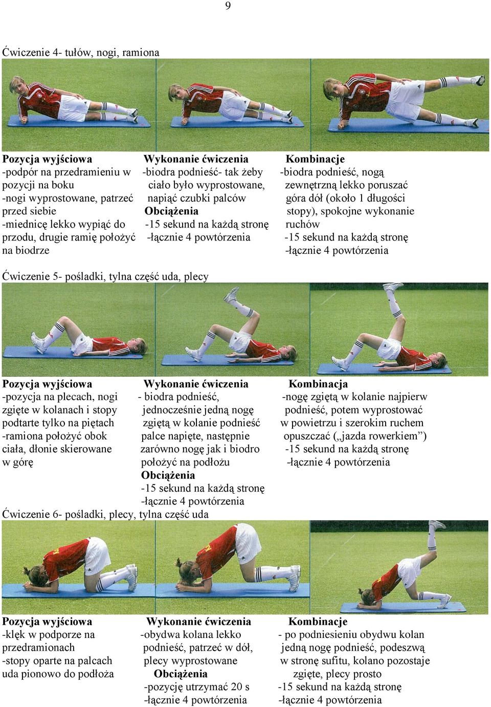 powtórzenia -15 sekund na każdą stronę na biodrze -łącznie 4 powtórzenia Ćwiczenie 5- pośladki, tylna część uda, plecy Pozycja wyjściowa Wykonanie ćwiczenia Kombinacja -pozycja na plecach, nogi -