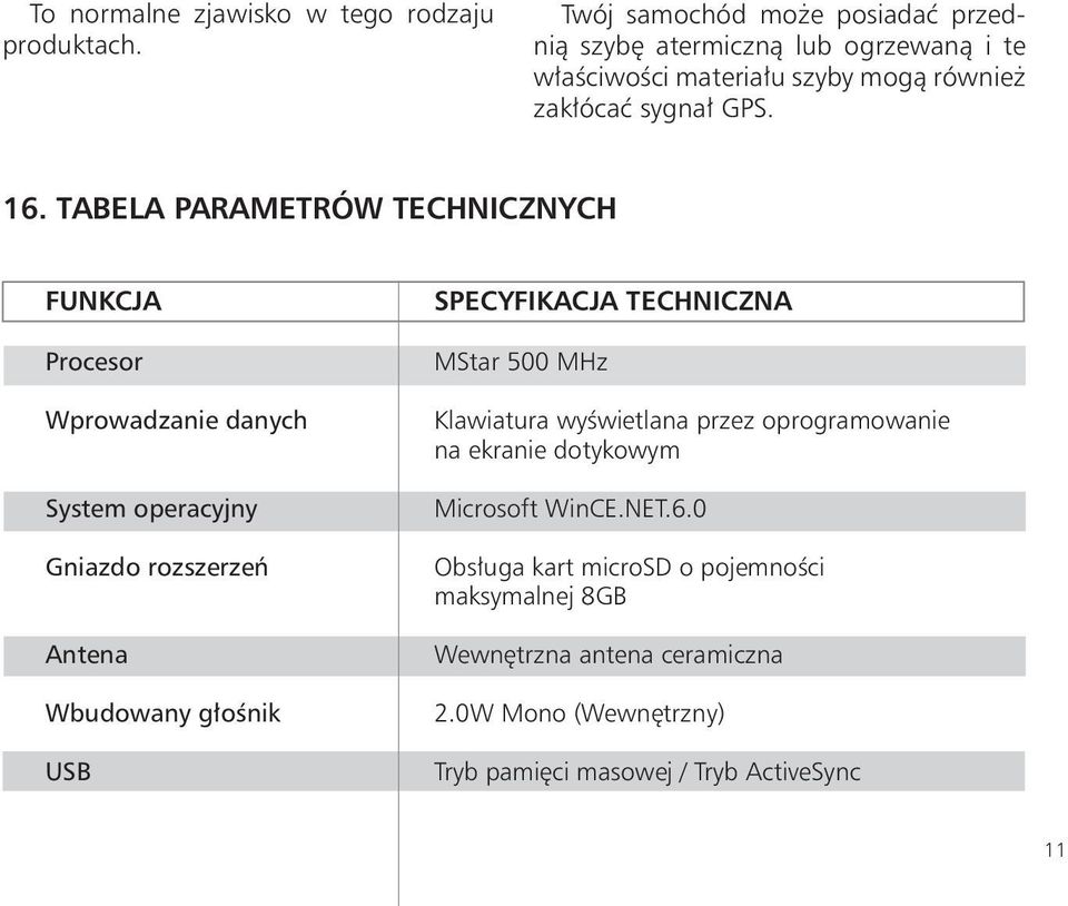 TABELA PARAMETRÓW TECHNICZNYCH FUNKCJA Procesor Wprowadzanie danych System operacyjny Gniazdo rozszerzeń Antena Wbudowany głośnik USB SPECYFIKACJA