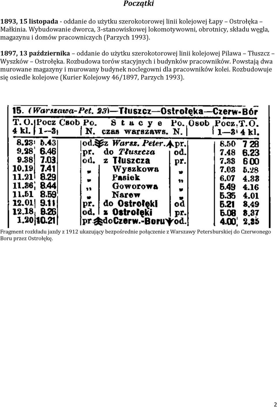 1897, 13 października oddanie do użytku szerokotorowej linii kolejowej Pilawa Tłuszcz Wyszków Ostrołęka. Rozbudowa torów stacyjnych i budynków pracowników.