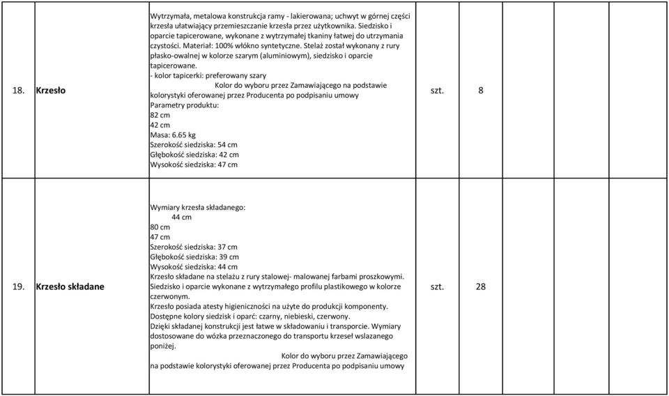 Stelaż został wykonany z rury płasko-owalnej w kolorze szarym (aluminiowym), siedzisko i oparcie tapicerowane. - kolor tapicerki: preferowany szary 18.