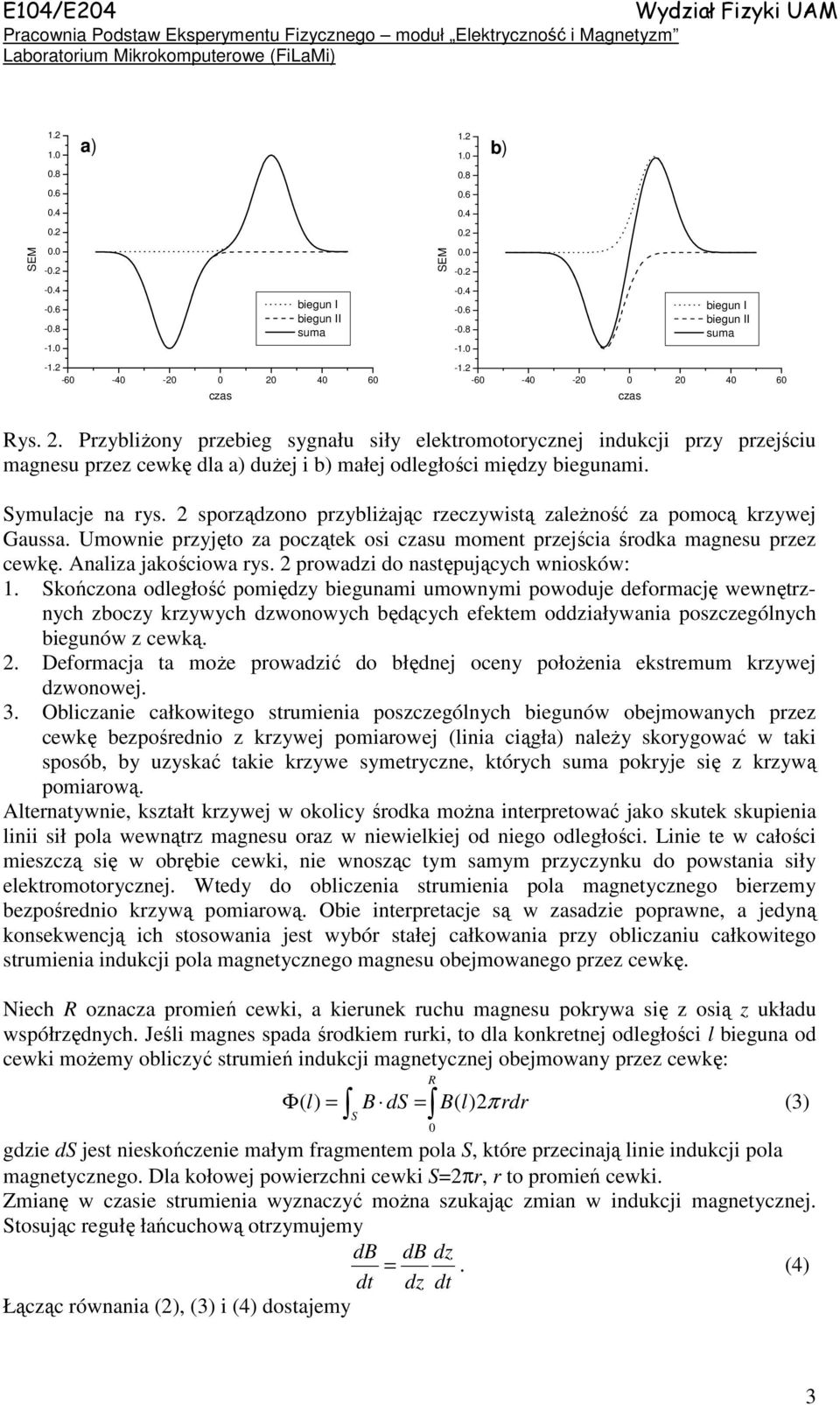Symulacje na rys. 2 sporządzono przybliżając rzeczywistą zależność za pomocą krzywej Gaussa. Umownie przyjęto za początek osi czasu moment przejścia środka magnesu przez cewkę. Analiza jakościowa rys.