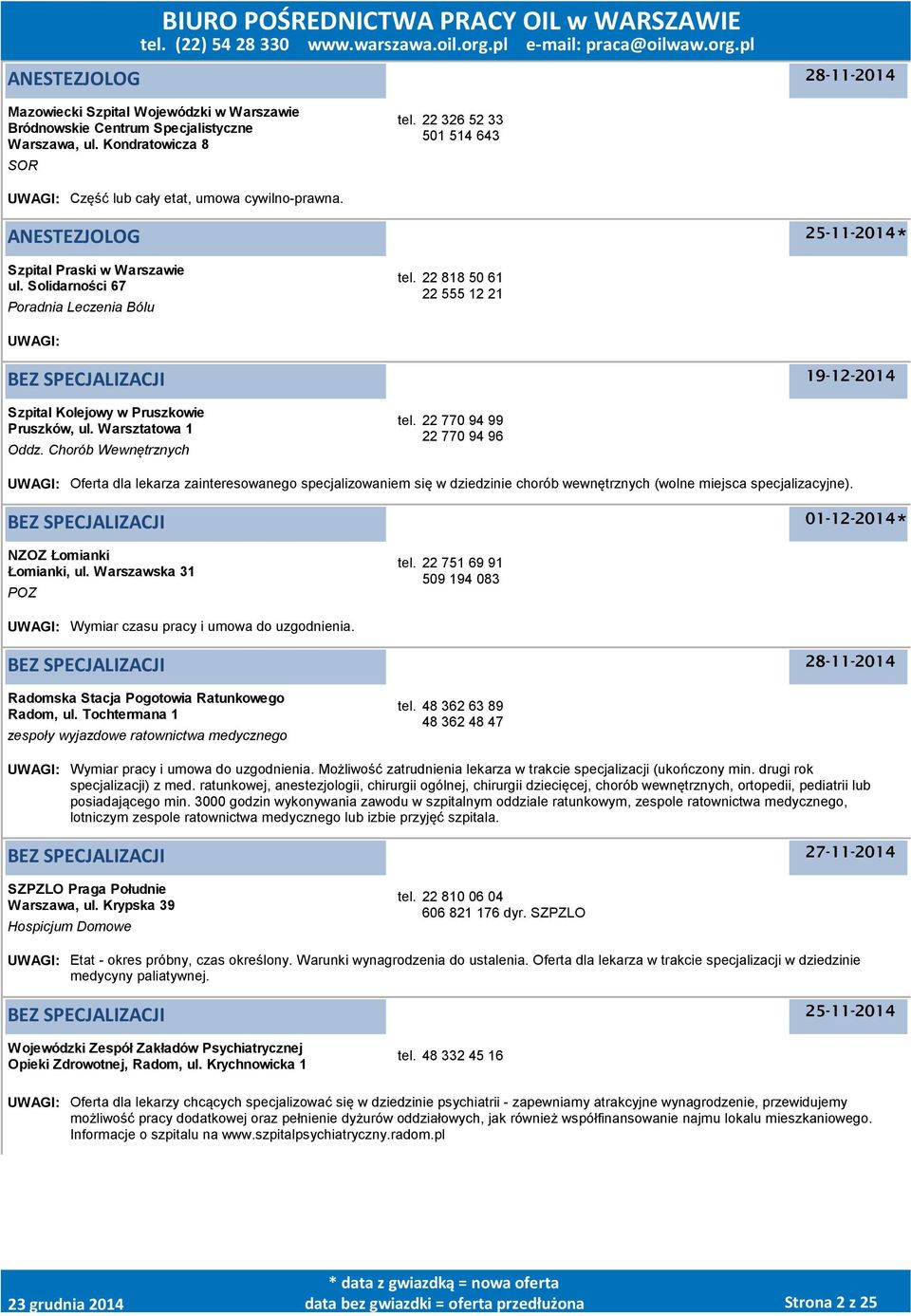 22 818 50 61 22 555 12 21 UWAGI: BEZ SPECJALIZACJI Szpital Kolejowy w Pruszkowie Pruszków, ul. Warsztatowa 1 Oddz. Chorób Wewnętrznych tel.