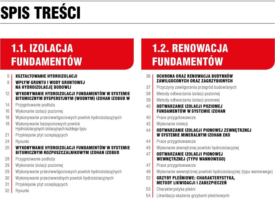 IZOHAN IZOBUD W 14 Przygotowanie podłoża 16 Wykonanie izolacji poziomej 18 Wykonywanie przeciwwilgociowych powłok hydroizolacyjnych 18 Wykonywanie bezspoinowych powłok Hydroizolacyjnych izolacyjnych