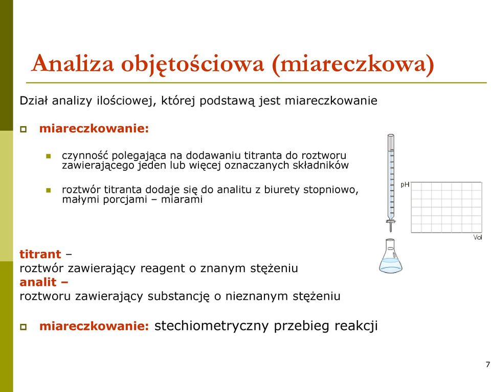 titranta dodaje się do analitu z biurety stopniowo, małymi porcjami miarami titrant roztwór zawierający reagent o