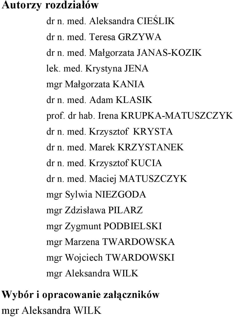med. Maciej MATUSZCZYK mgr Sylwia NIEZGODA mgr Zdzisława PILARZ mgr Zygmunt PODBIELSKI mgr Marzena TWARDOWSKA mgr Wojciech