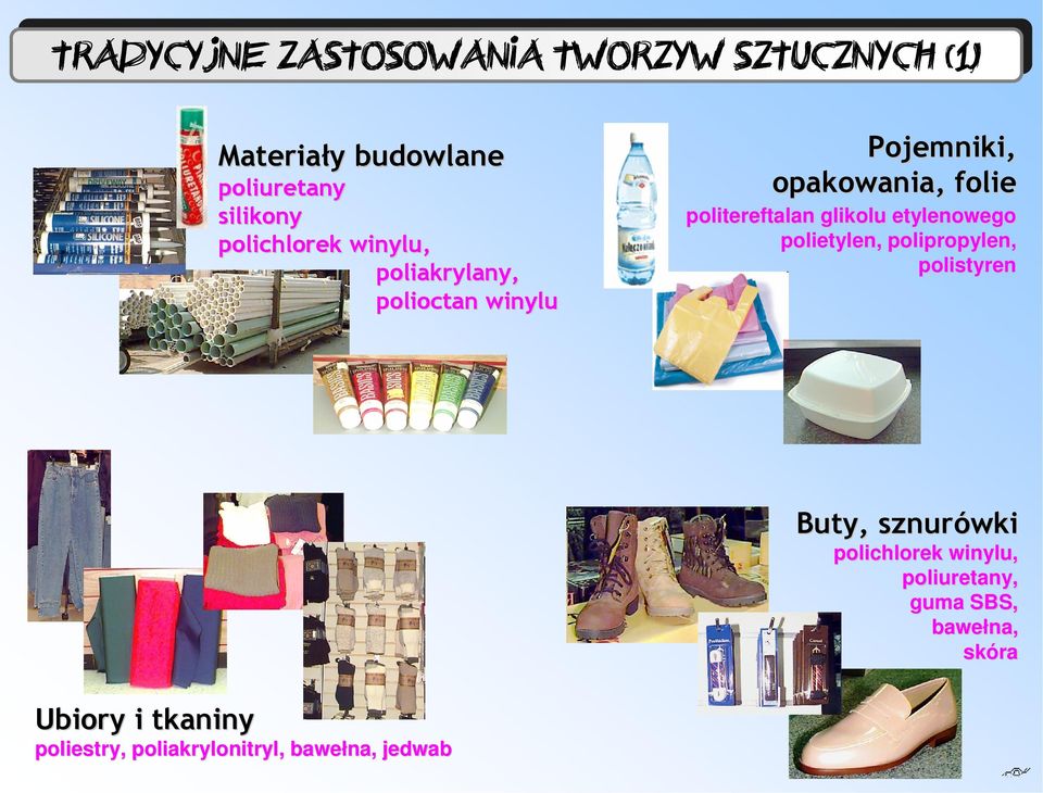 glikolu etylenowego polietylen, polipropylen, polistyren Buty, sznurówki polichlorek winylu,