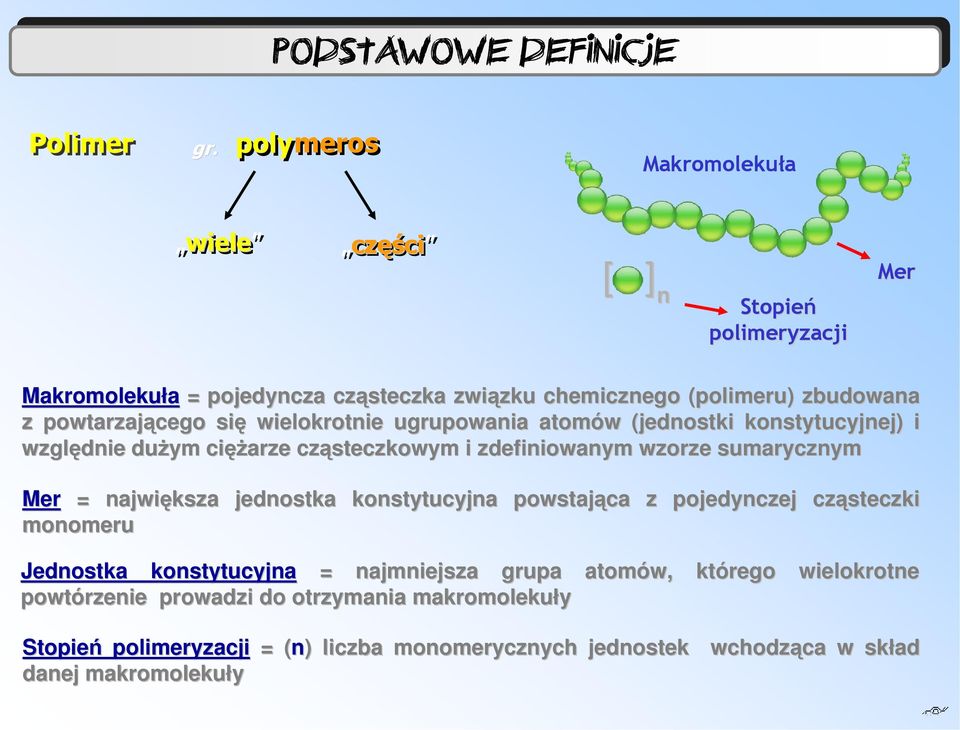 powtarzającego się wielokrotnie ugrupowania atomów w (jednostki konstytucyjnej) i względnie duŝym cięŝ ęŝarze cząsteczkowym i zdefiniowanym wzorze sumarycznym Mer =
