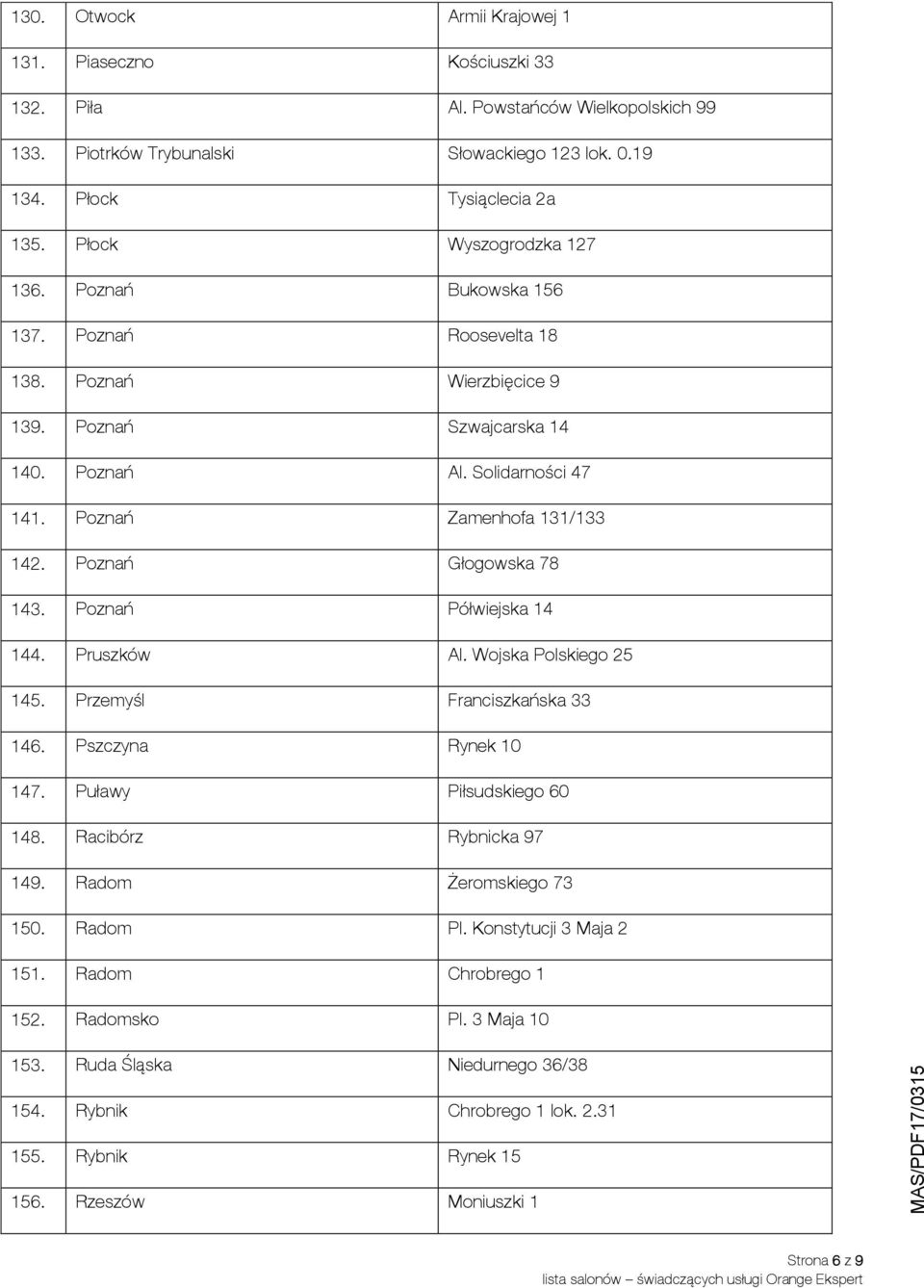 Poznań Głogowska 78 143. Poznań Półwiejska 14 144. Pruszków Al. Wojska Polskiego 25 145. Przemyśl Franciszkańska 33 146. Pszczyna Rynek 10 147. Puławy Piłsudskiego 60 148. Racibórz Rybnicka 97 149.