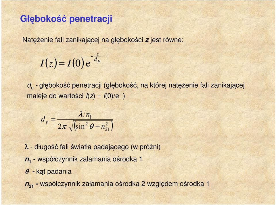 I(0)/e ) d p = λ n 1 2 2 ( sin θ ) 2π n 21 λ - długość fali światła padającego (w próŝni) n 1 -