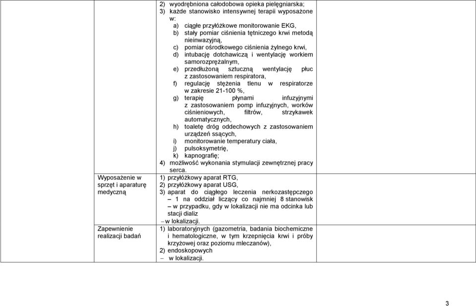 przedłużoną sztuczną wentylację płuc z zastosowaniem respiratora, f) regulację stężenia tlenu w respiratorze w zakresie 21-100 %, g) terapię płynami infuzyjnymi z zastosowaniem pomp infuzyjnych,