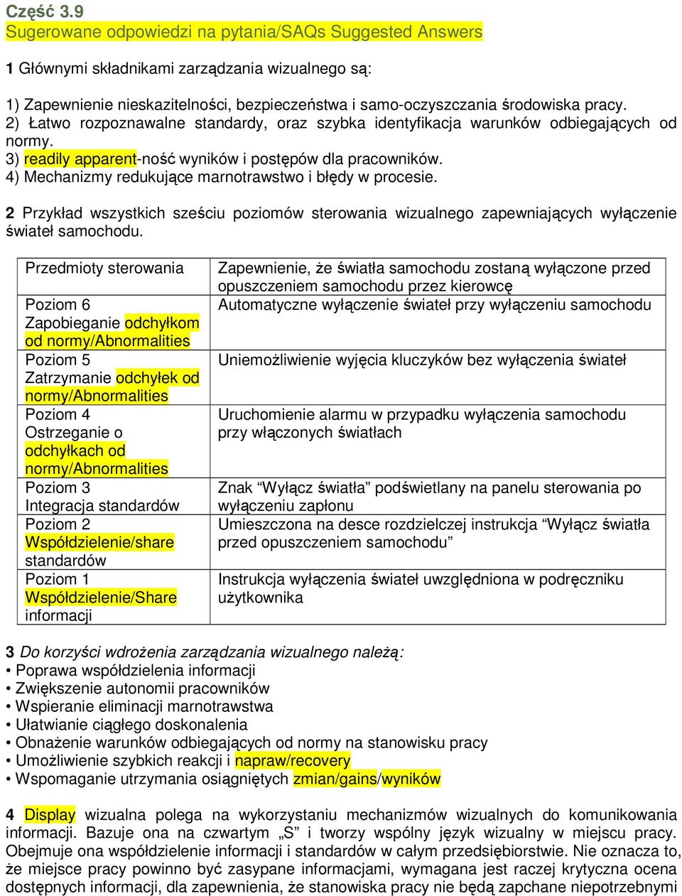 2) Łatwo rozpoznawalne standardy, oraz szybka identyfikacja warunków odbiegających od normy. 3) readily apparent-ność wyników i postępów dla pracowników.