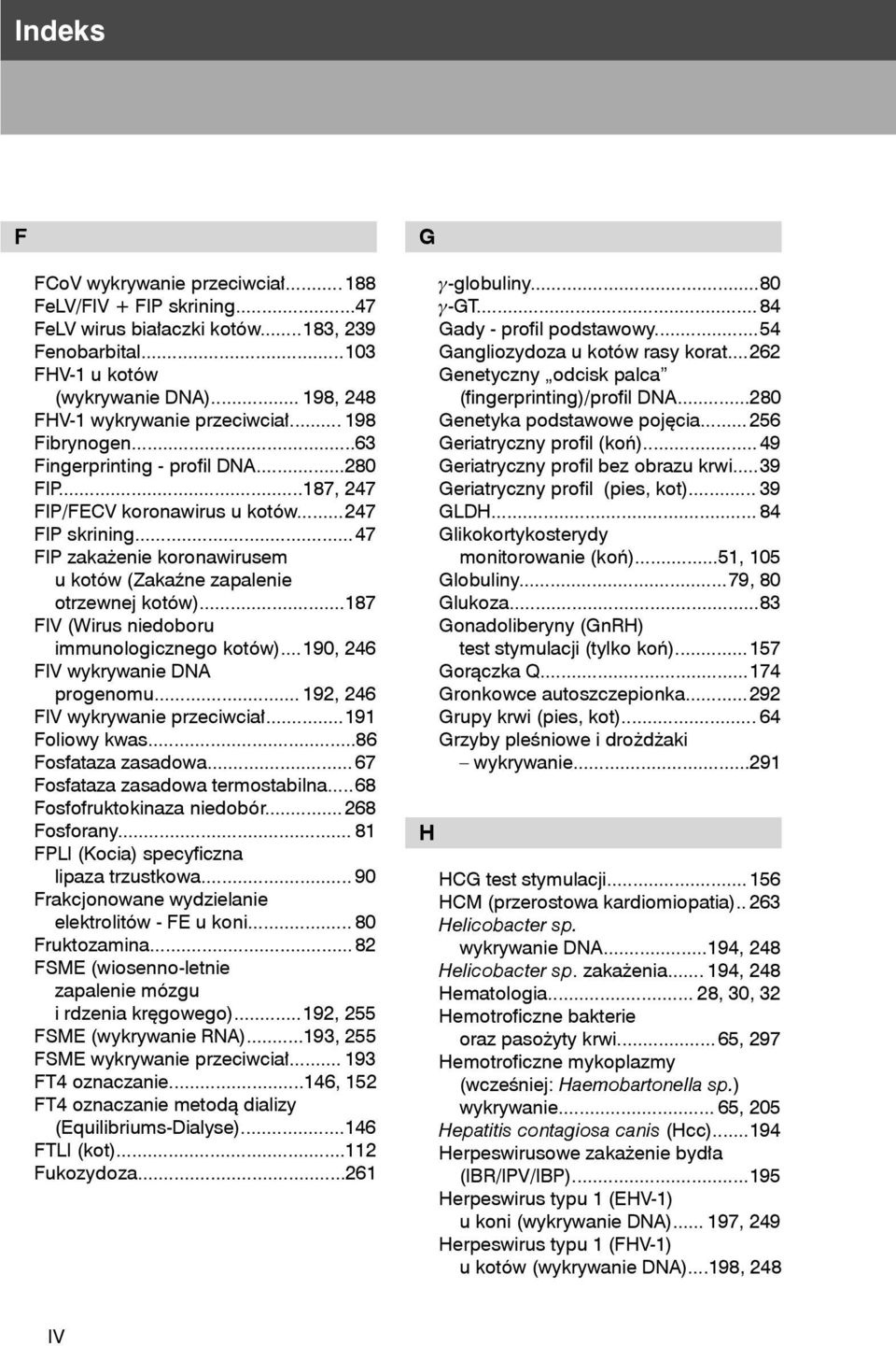 .. 47 FIP zakażenie koronawirusem u kotów (Zakaźne zapalenie otrzewnej kotów)... 187 FIV (Wirus niedoboru immunologicznego kotów)... 190, 246 FIV wykrywanie DNA progenomu.