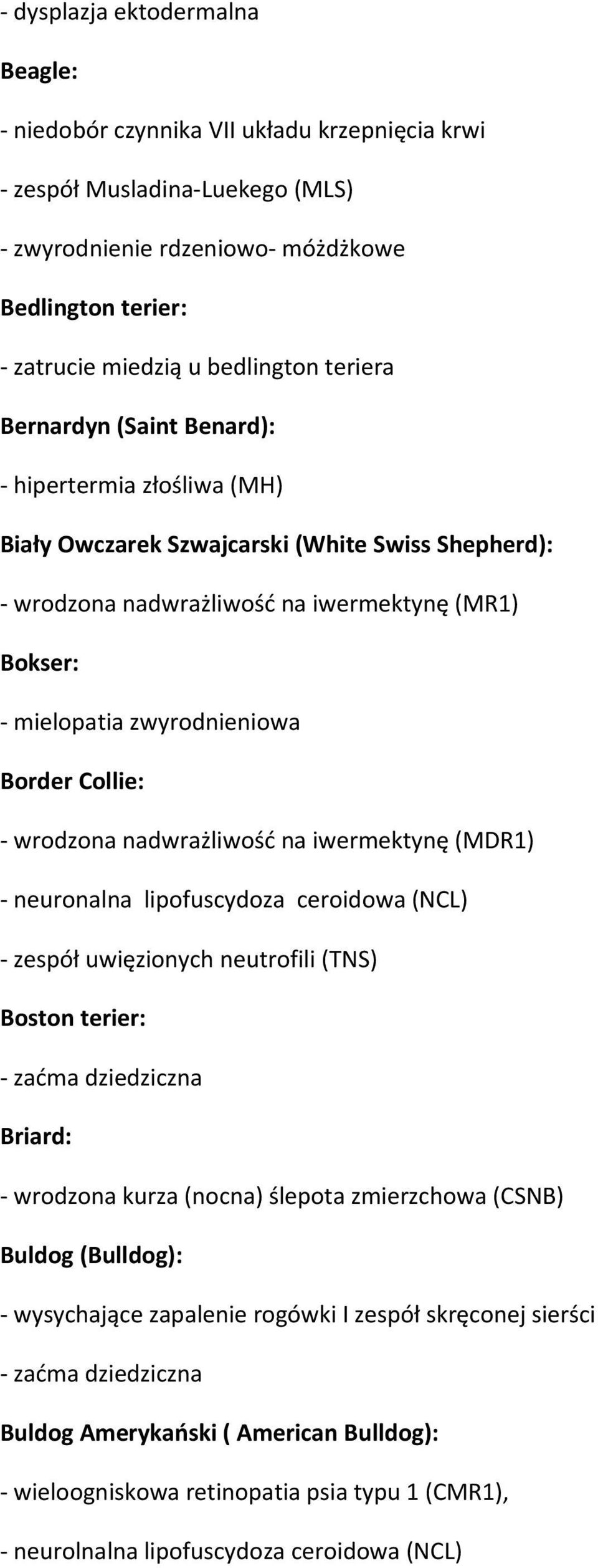 wrodzona nadwrażliwość na iwermektynę (MDR1) - neuronalna lipofuscydoza ceroidowa (NCL) - zespół uwięzionych neutrofili (TNS) Boston terier: - zaćma dziedziczna Briard: - wrodzona kurza (nocna)