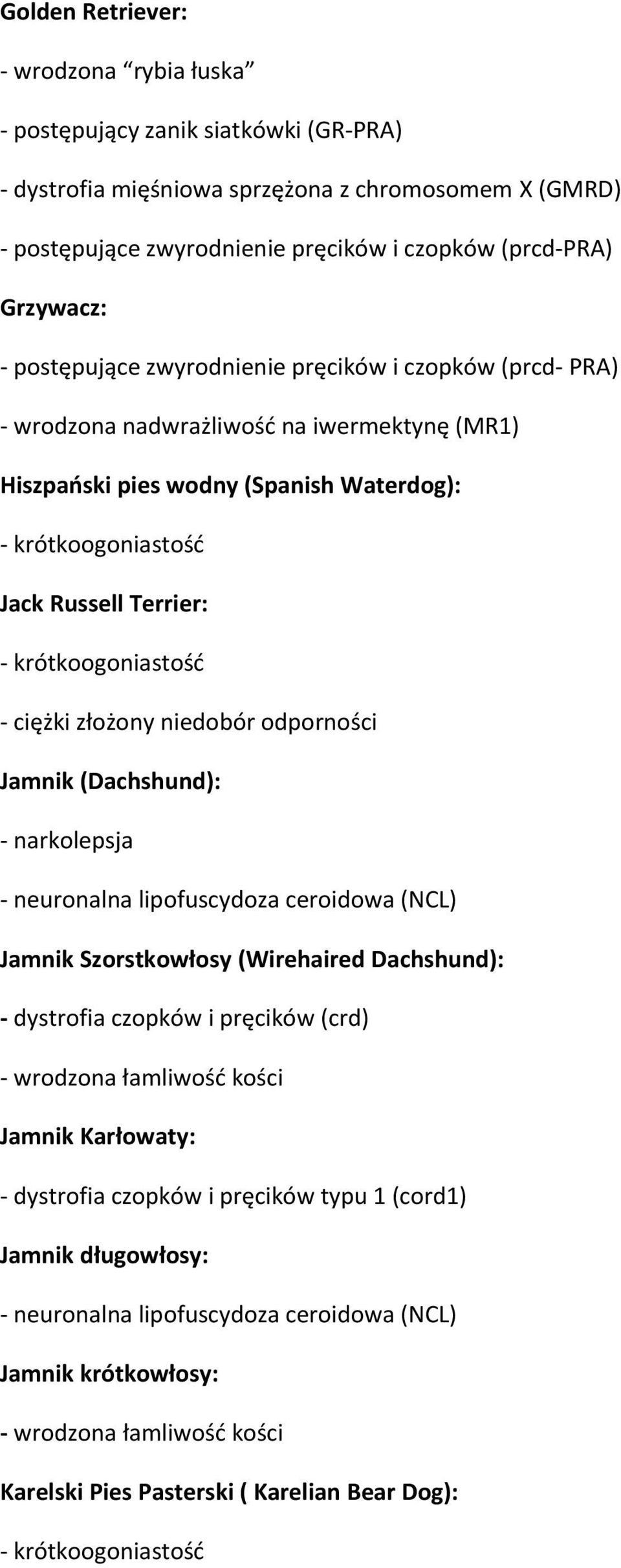 narkolepsja - neuronalna lipofuscydoza ceroidowa (NCL) Jamnik Szorstkowłosy (Wirehaired Dachshund): - dystrofia czopków i pręcików (crd) - wrodzona łamliwość kości Jamnik Karłowaty: -