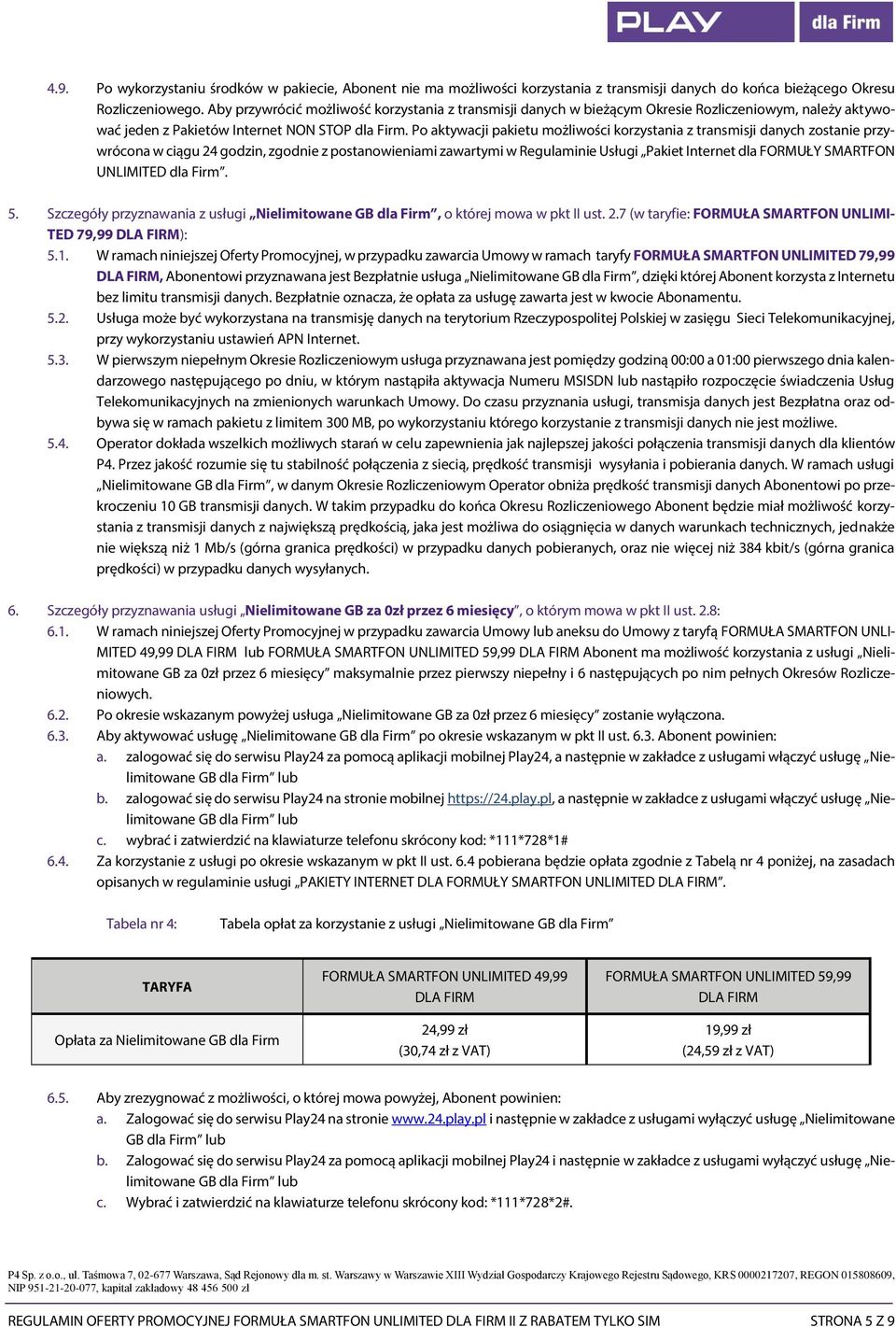 Po aktywacji pakietu możliwości korzystania z transmisji danych zostanie przywrócona w ciągu 24 godzin, zgodnie z postanowieniami zawartymi w Regulaminie Usługi Pakiet Internet dla FORMUŁY SMARTFON