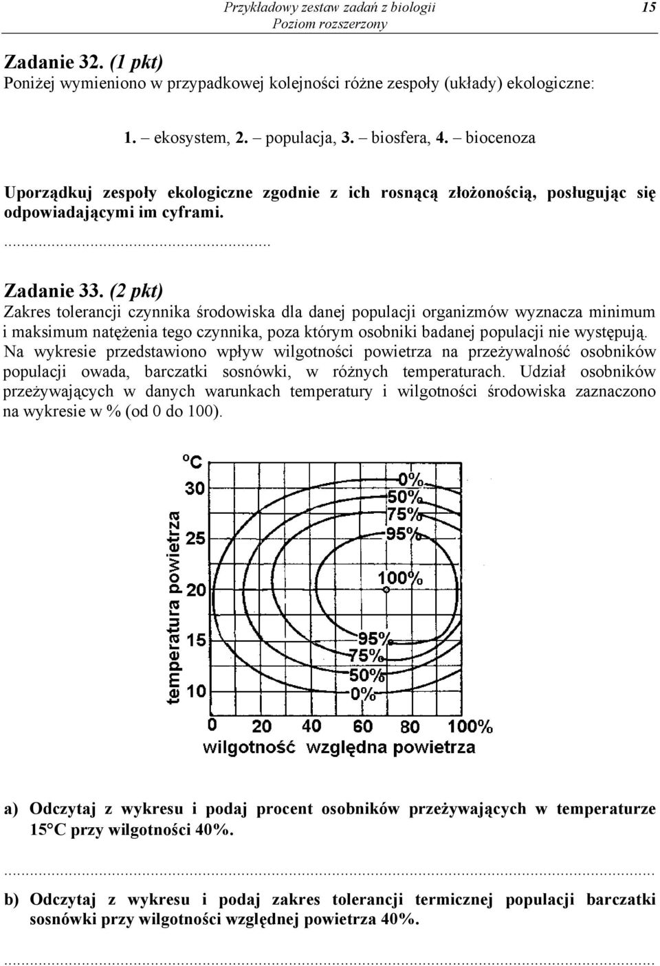(2 pkt) Zakres tolerancji czynnika środowiska dla danej populacji organizmów wyznacza minimum i maksimum natężenia tego czynnika, poza którym osobniki badanej populacji nie występują.