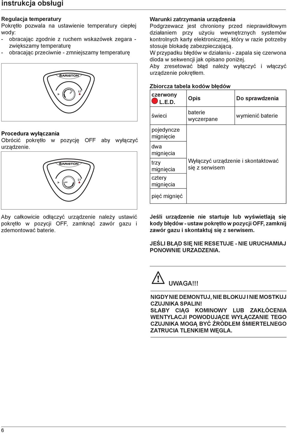 potrzeby stosuje blokadę zabezpieczającą. W przypadku błędów w działaniu - zapala się czerwona dioda w sekwencji jak opisano poniżej.