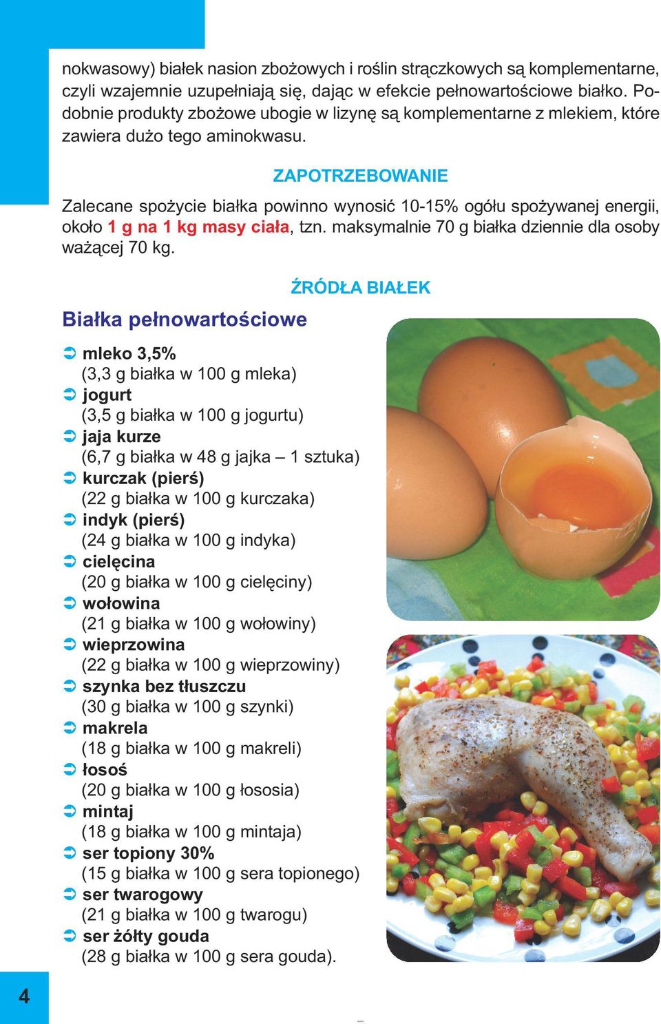 ZAPOTRZEBOWANIE Zalecane spożycie białka powinno wynosić 10-15% ogółu spożywanej energii, około 1 g na 1 kg masy ciała, tzn. maksymalnie 70 g białka dziennie dla osoby ważącej 70 kg.