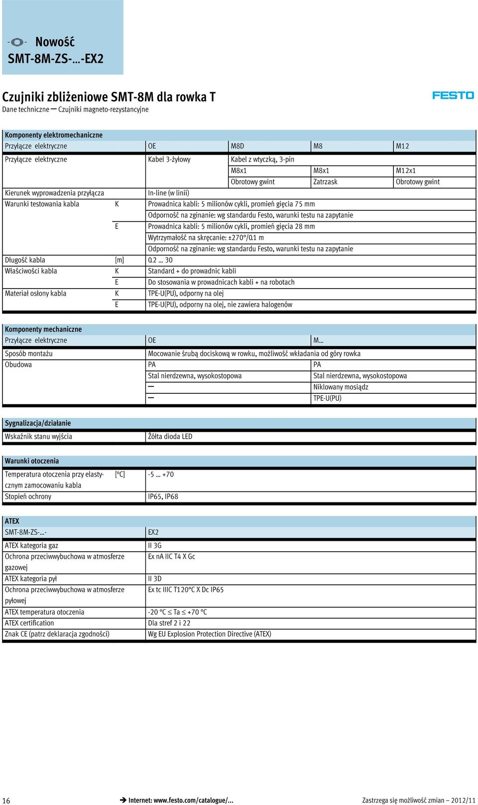 kabli: 5 milionów cykli, promień gięcia 75 mm Odporność na zginanie: wg standardu Festo, warunki testu na zapytanie E Prowadnica kabli: 5 milionów cykli, promień gięcia 28 mm Wytrzymałość na