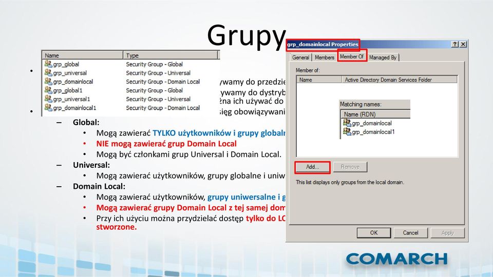 (Nie można ich używać do przypisywania dostępów) Grupy w AD dzielimy również ze względu na zasięg obowiązywania: Global: Mogą zawierać TYLKO użytkowników i grupy globalne z domeny w jakiej są