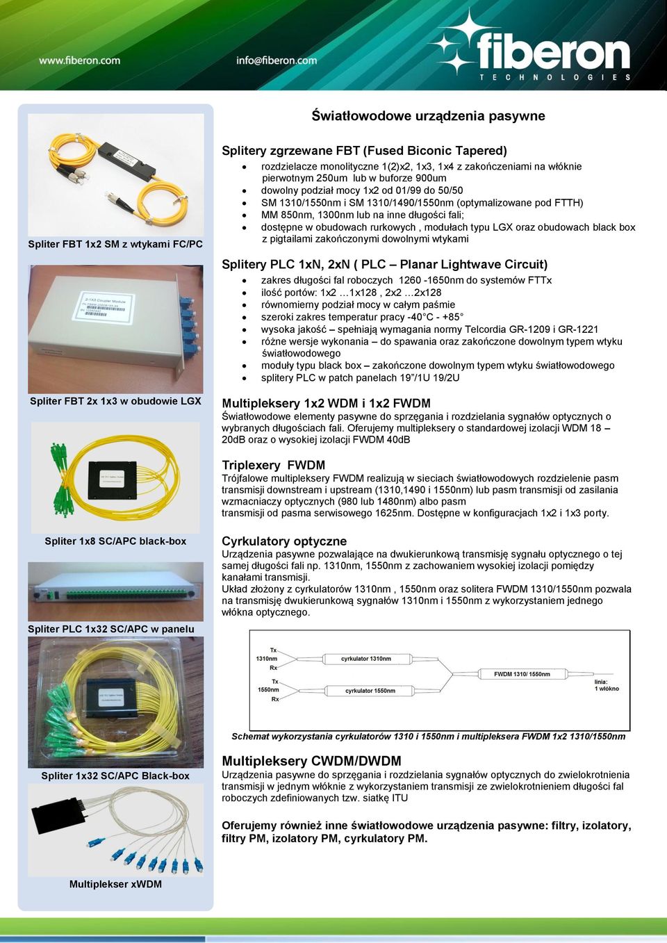 długości fali; dostępne w obudowach rurkowych, modułach typu LGX oraz obudowach black box z pigtailami zakończonymi dowolnymi wtykami Splitery PLC 1xN, 2xN ( PLC Planar Lightwave Circuit) zakres