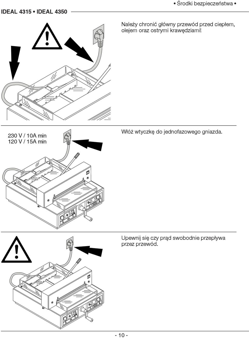 230 V / 10A min 120 V / 15A min Włóż wtyczkę do jednofazowego