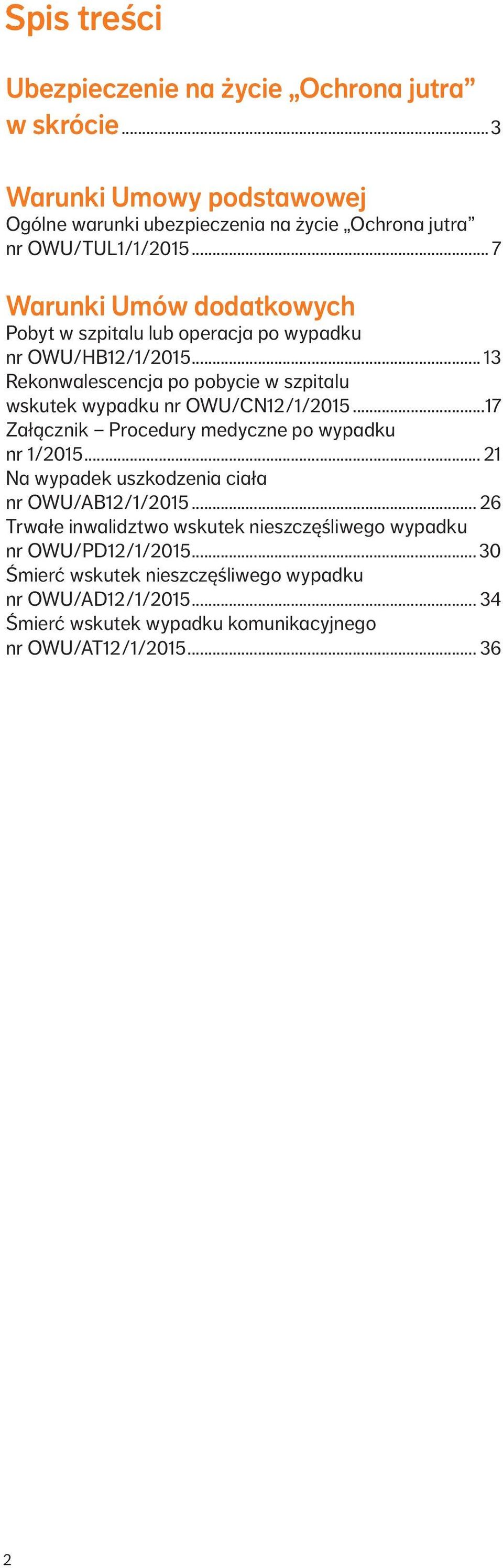 .. 13 Rekonwalescencja po pobycie w szpitalu wskutek wypadku nr OWU/CN12/1/2015...17 Załącznik Procedury medyczne po wypadku nr 1/2015.