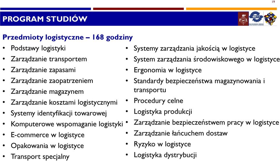 Transport specjalny Systemy zarządzania jakością w logistyce System zarządzania środowiskowego w logistyce Ergonomia w logistyce Standardy bezpieczeństwa