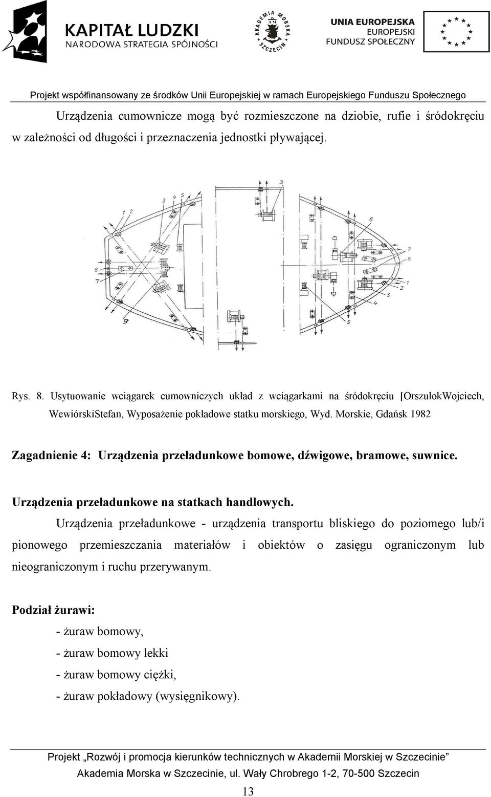 Morskie, Gdańsk 1982 Zagadnienie 4: Urządzenia przeładunkowe bomowe, dźwigowe, bramowe, suwnice. Urządzenia przeładunkowe na statkach handlowych.