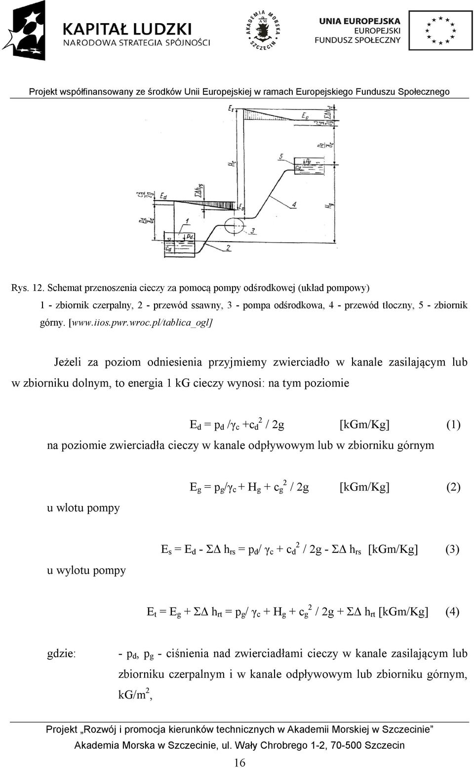 pl/tablica_ogl] Jeżeli za poziom odniesienia przyjmiemy zwierciadło w kanale zasilającym lub w zbiorniku dolnym, to energia 1 kg cieczy wynosi: na tym poziomie E d = p d /γ c +c d 2 / 2g [kgm/kg] (1)