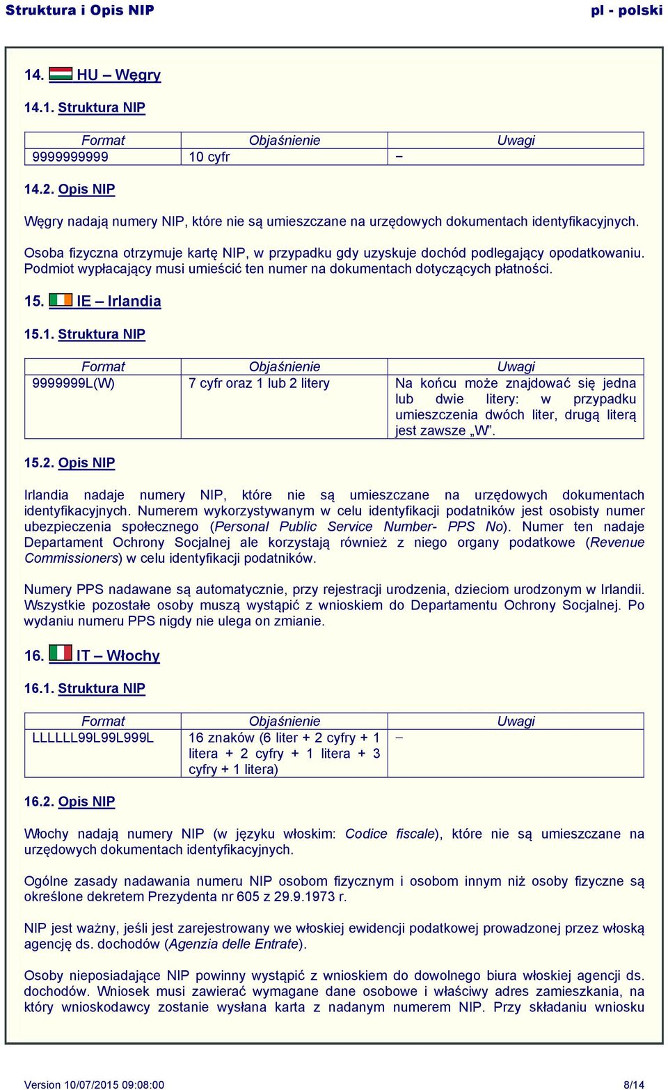 . IE Irlandia 15.1. Struktura NIP 9999999L(W) 7 cyfr oraz 1 lub 2 litery Na końcu może znajdować się jedna lub dwie litery: w przypadku umieszczenia dwóch liter, drugą literą jest zawsze W. 15.2. Opis NIP Irlandia nadaje numery NIP, które nie są umieszczane na urzędowych dokumentach identyfikacyjnych.