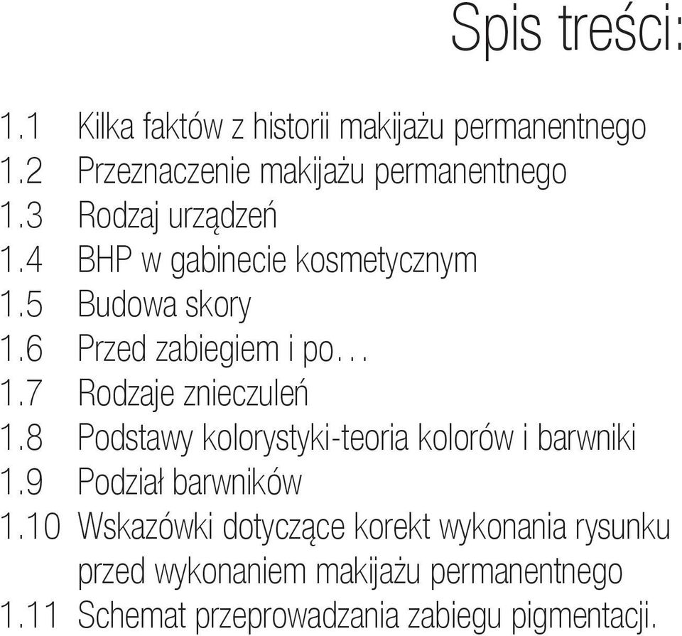 7 Rodzaje znieczuleń 1.8 Podstawy kolorystyki-teoria kolorów i barwniki 1.9 Podział barwników 1.