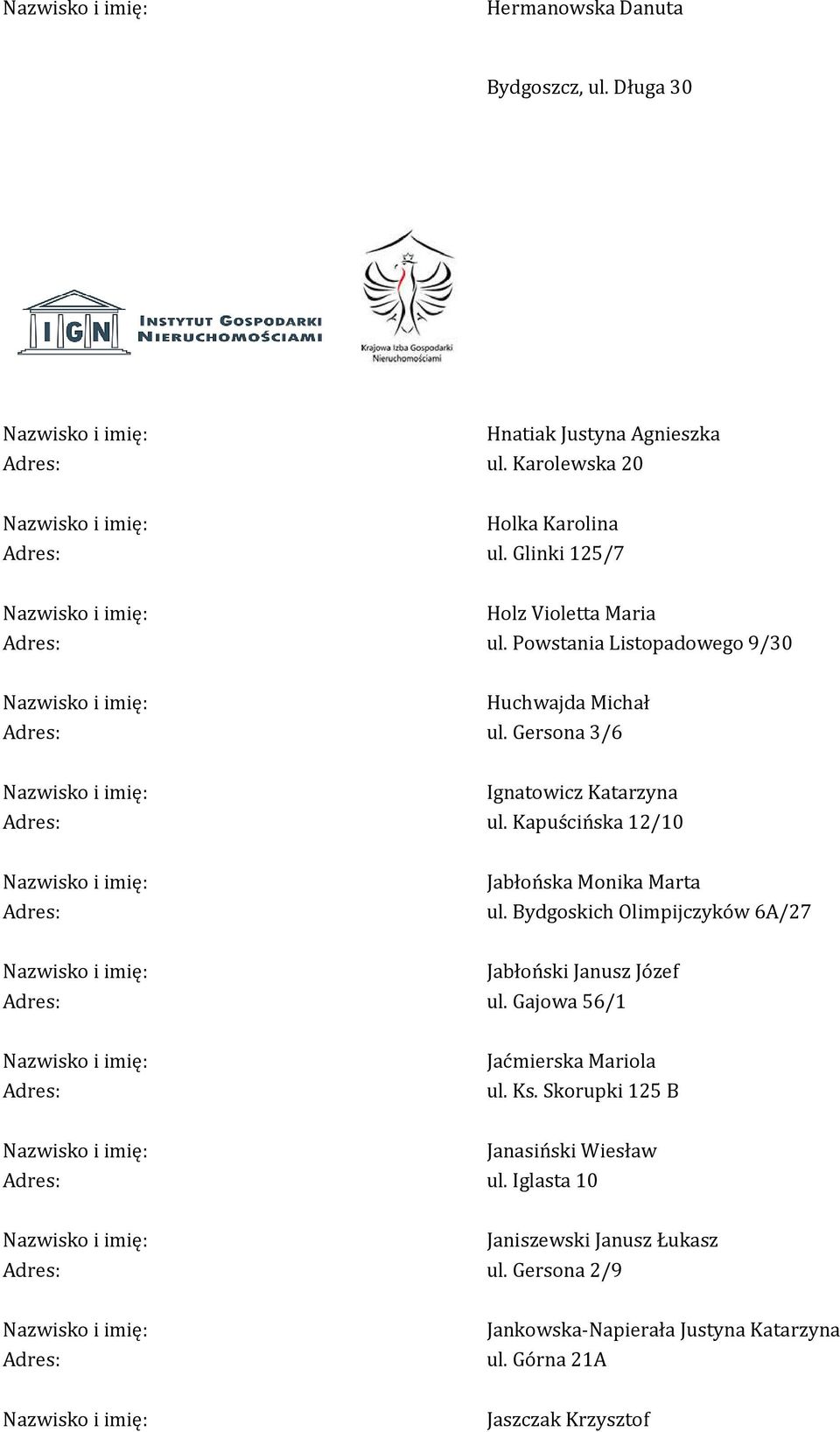 Kapuścińska 12/10 Jabłońska Monika Marta Adres: ul. Bydgoskich Olimpijczyków 6A/27 Jabłoński Janusz Józef Adres: ul.
