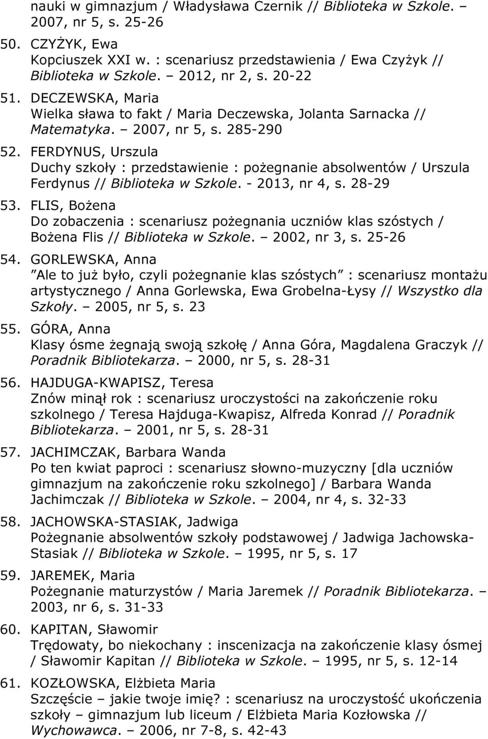 FERDYNUS, Urszula Duchy szkoły : przedstawienie : pożegnanie absolwentów / Urszula Ferdynus // Biblioteka w Szkole. - 2013, nr 4, s. 28-29 53.