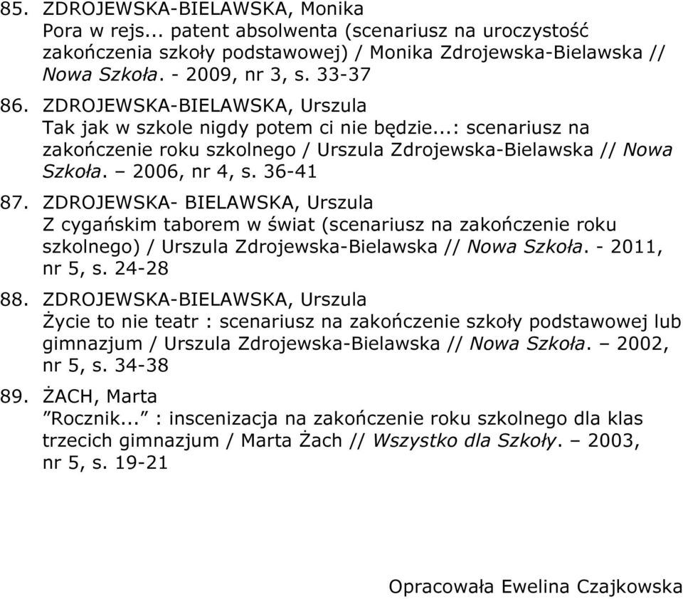 ZDROJEWSKA- BIELAWSKA, Urszula Z cygańskim taborem w świat (scenariusz na zakończenie roku szkolnego) / Urszula Zdrojewska-Bielawska // Nowa Szkoła. - 2011, nr 5, s. 24-28 88.