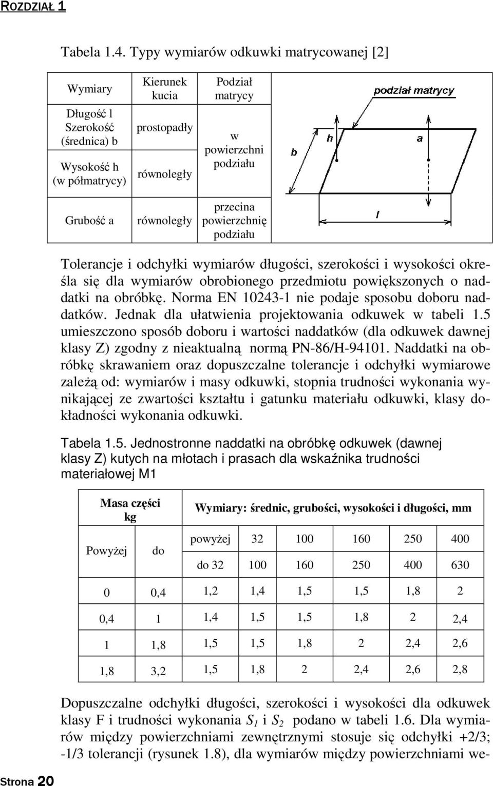 podziału przecina powierzchnię podziału Tolerancje i odchyłki wymiarów długości, szerokości i wysokości określa się dla wymiarów obrobionego przedmiotu powiększonych o naddatki na obróbkę.