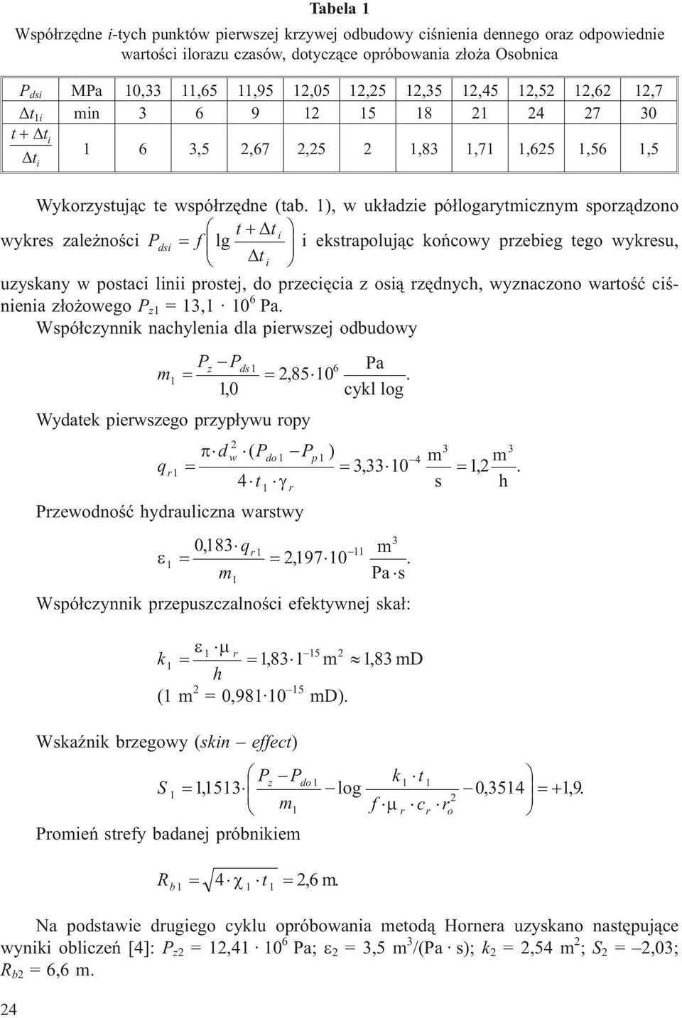 wyznaczono wartoœæ ciœnienia z³o owego P z1 = 13,1 10 6 Pa. Wspó³czynnik nachylenia dla pierwszej odbudowy Pz Pds 1 6 Pa m1 285, 10 10, cykl log.