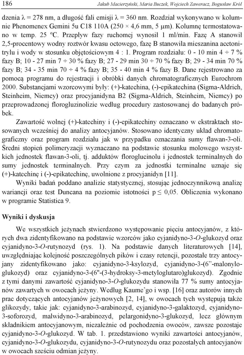 Fazę A stanowił 2,5-procentowy wodny roztwór kwasu octowego, fazę B stanowiła mieszanina acetonitrylu i wody w stosunku objętościowym 4 : 1.