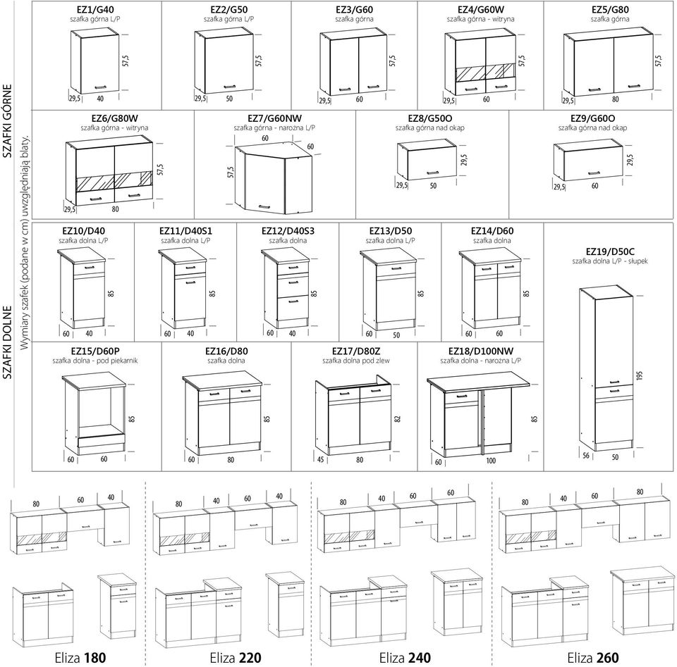 dolna 85 EZ13/D50 szafka dolna L/P EZ17/DZ szafka dolna pod zlew EZ8/G50O szafka górna nad okap 85 EZ14/D szafka dolna EZ18/D100NW szafka dolna - narożna L/P 85 EZ9/GO szafka górna nad okap EZ19/D50C