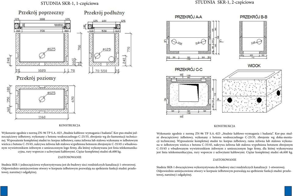 Wyposażenie kompletnej studni to: korpus żelbetowy, rama żeliwna lub stalowa wykonana w żelbetowym wieńcu z betonu C-35/45, nakrywa żeliwna lub stalowa wypełniona betonem zbrojonym C-35/45 z