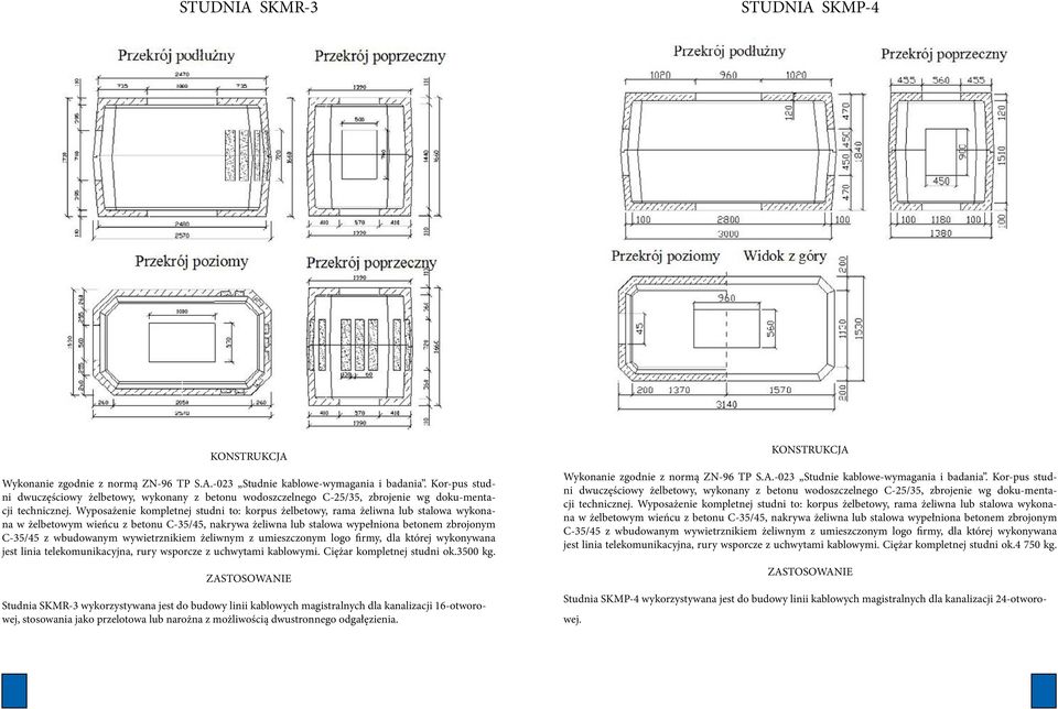 Wyposażenie kompletnej studni to: korpus żelbetowy, rama żeliwna lub stalowa wykonana w żelbetowym wieńcu z betonu C-35/45, nakrywa żeliwna lub stalowa wypełniona betonem zbrojonym C-35/45 z