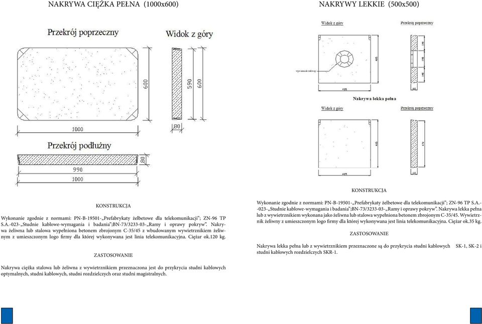 Wykonanie zgodnie z normami: PN-B-19501- Prefabrykaty żelbetowe dla telekomunikacji ; ZN-96 TP S.A.- -023- Studnie kablowe-wymagania i badania ;BN-73/3233-03- Ramy i oprawy pokryw.