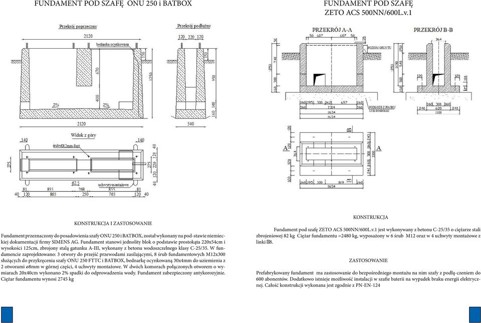 Fundament stanowi jednolity blok o podstawie prostokąta 220x54cm i wysokości 125cm, zbrojony stalą gatunku A-III, wykonany z betonu wodoszczelnego klasy C-25/35.